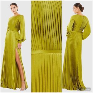 MAC DUGGAL 26590 Green Pleated High Neck Raglan Long Sleeve Side Slit Gown